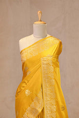 Yellow Semi satin Silk Saree with Golden Bird Butas