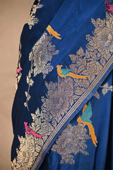 Teal Blue Semi Satin Silk Saree With Golden Floral Vines and Bird Motifs