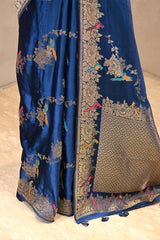 Teal Blue Semi Satin Silk Saree With Golden Floral Vines and Bird Motifs