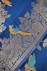 Teal Blue Semi Satin Silk Saree With Golden Floral Vines and Bird Motifs