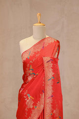 Crimson Red Semi Satin Silk Saree with Golden Floral Vines and Parrot Motifs