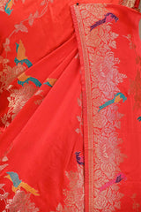 Crimson Red Semi Satin Silk Saree with Golden Floral Vines and Parrot Motifs
