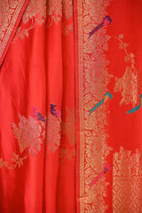Crimson Red Semi Satin Silk Saree with Golden Floral Vines and Parrot Motifs