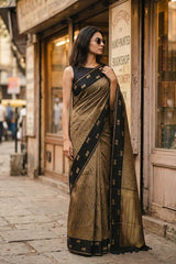 Black Viscose Saree with Golden Wave Texture And Pichwai Border