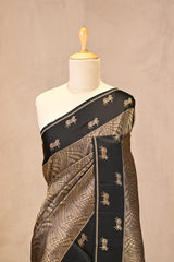 Black Viscose Saree with Golden Wave Texture And Pichwai Border