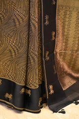Black Viscose Saree with Golden Wave Texture And Pichwai Border