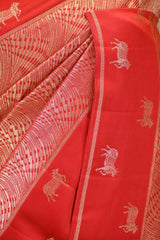 Red Viscose Saree with Gold Wave Texture And Pichwai Border