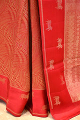 Red Viscose Saree with Gold Wave Texture And Pichwai Border