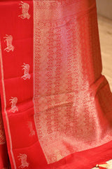 Red Viscose Saree with Gold Wave Texture And Pichwai Border