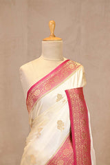 White Semi Satin Silk Saree with Contrast Border & Pallu