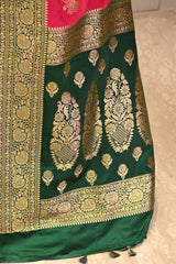 Rani Pink Semi Satin Silk Saree With Contrast Border & Pallu