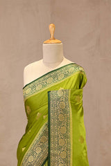 Peridot Green Semi Satin Silk Saree With Contrast Border & Pallu