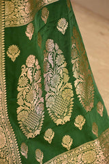 Peridot Green Semi Satin Silk Saree With Contrast Border & Pallu