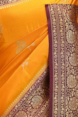 Mustard Yellow Semi Satin Silk Saree With Contrast Border & Pallu