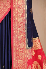 Dark Blue Semi Satin Silk Saree with Red Contrast Pallu