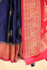 Dark Blue Semi Satin Silk Saree with Red Contrast Pallu