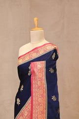 Dark Blue Semi Satin Silk Saree with Red Contrast Pallu