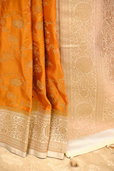 Turmeric Yellow  Semi-satin Saree With Gold Zari Floral Jaal
