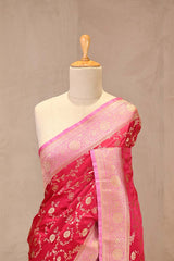 Rani Pink Semi-satin Saree with Gold Zari Floral Jaal