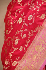 Rani Pink Semi-satin Saree with Gold Zari Floral Jaal