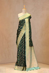 Bottle Green Semi-satin Saree With Gold zari Floral Jaal