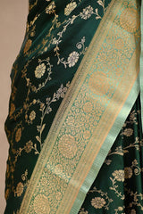 Bottle Green Semi-satin Saree With Gold zari Floral Jaal