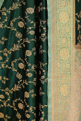 Bottle Green Semi-satin Saree With Gold zari Floral Jaal