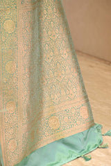 Bottle Green Semi-satin Saree With Gold zari Floral Jaal