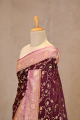 Wine Semi-satin Silk Saree with Gold Zari Floral Jaal