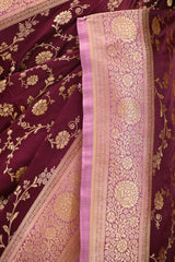 Wine Semi-satin Silk Saree with Gold Zari Floral Jaal