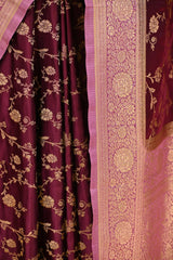 Wine Semi-satin Silk Saree with Gold Zari Floral Jaal