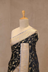Midnight Blue Semi-satin Silk Saree with Gold Zari Floral Jaal