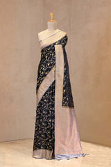 Midnight Blue Semi-satin Silk Saree with Gold Zari Floral Jaal