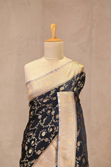 Midnight Blue Semi-satin Silk Saree with Gold Zari Floral Jaal