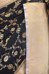 Midnight Blue Semi-satin Silk Saree with Gold Zari Floral Jaal