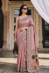 Women inPastel pink Semi-Tusser Saree with Royal Heritage Pallu
