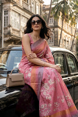 Women inVintage Rose Semi Silk Saree with Ethereal Floral vines