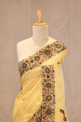 Yellow kota Check Saree with Kalamkari Printed Border & Pallu