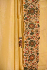 Yellow kota Check Saree with Kalamkari Printed Border & Pallu