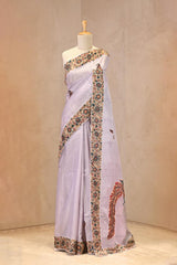 Lavender kota Check Saree with Kalamkari Printed Border & Pallu