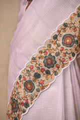 Lavender kota Check Saree with Kalamkari Printed Border & Pallu