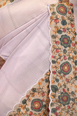 Lavender kota Check Saree with Kalamkari Printed Border & Pallu