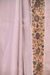 Lavender kota Check Saree with Kalamkari Printed Border & Pallu