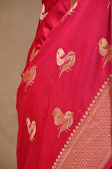 Magenta Pink Semi Satin Silk Saree with Bird Motif  Gold Zari Weaving