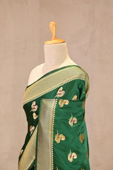 Green Semi Satin Silk Saree with Bird Motif Gold Zari Weaving
