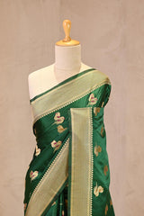 Green Semi Satin Silk Saree with Bird Motif Gold Zari Weaving