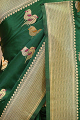 Green Semi Satin Silk Saree with Bird Motif Gold Zari Weaving