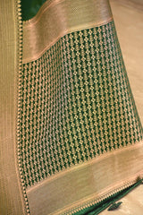 Green Semi Satin Silk Saree with Bird Motif Gold Zari Weaving