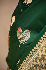 Green Semi Satin Silk Saree with Bird Motif Gold Zari Weaving