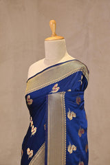 Royal Blue Semi Satin Silk Saree with Bird Motif Gold Zari Weaving